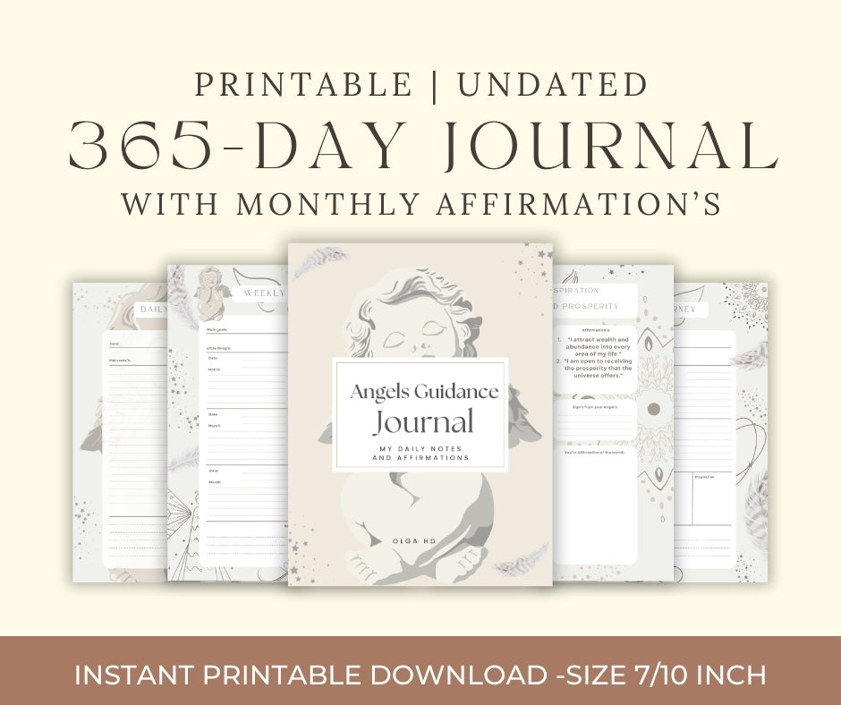 Printable Angel guidance journal 365 day. Undated planner with monthly affirmations.